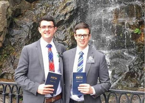 Elder Peacock and Elder McSweeney, missionaries for The Church of Jesus Christ of Latter-day Saints taken at Victoria Peak, Hong Kong.