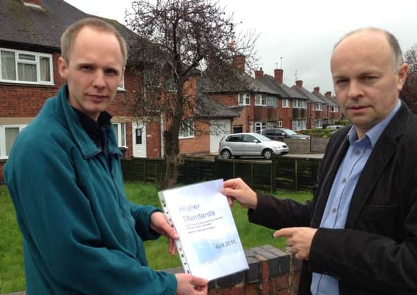 Green Party councillors Jonathan Chilvers and Ian Davison with the Warwick District group's ten-point plan to improvce conditions for tenants renting privately in South Leamington.
