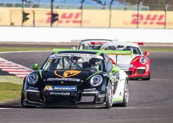 Tom Oliphant in Porsche Carrera Cup GB action at Silverstone. Picture: James Lipman/Porche