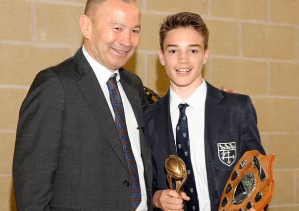 Eddie Jones with under-13 player of the year Will Mobberley.