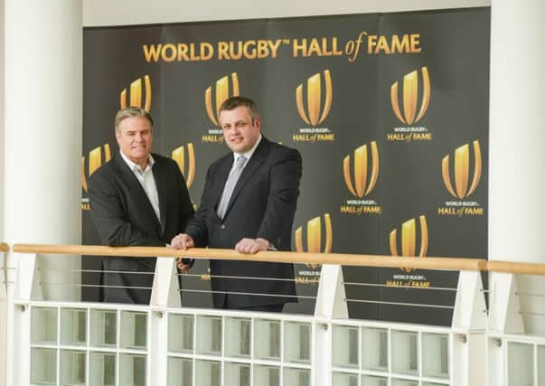 World Rugby chief executive Brett Gosper and Rugby Borough Council leader Cllr Michael Stokes at today's Hall of Fame launch at Rugby Art Gallery and Museum NNL-160520-161112001