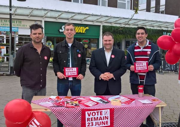 Sion Simon MEP (centre right), Kenilworth and Southam Labour Party member John Watson (left), and two members of the public
