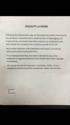 The notice for employees at AGA Rangemaster's factory in Leamington.