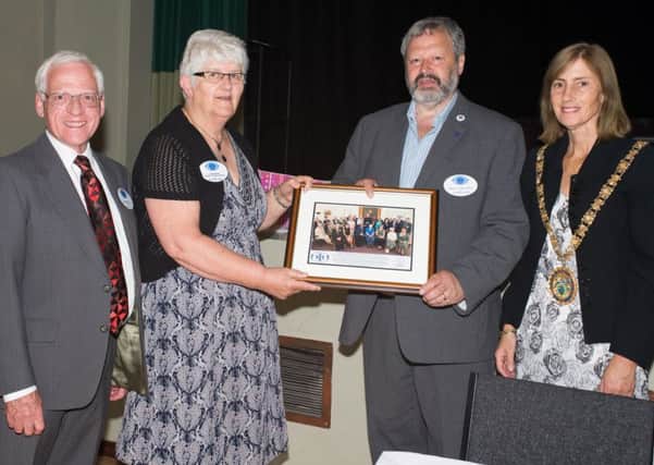 The presentation to retiring chairperson Heather Green. L-R: Mike Rigby, Heather Green, Willy Goldschmidt and Mayor of Rugby, Cllr Sally Bragg. Photo by Eddie White.