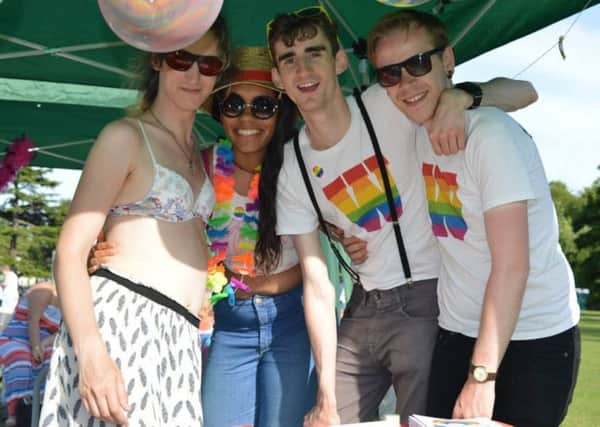 Volunteers get into the spirit of the Warwickshire Pride Festival. NNL-160308-154345001