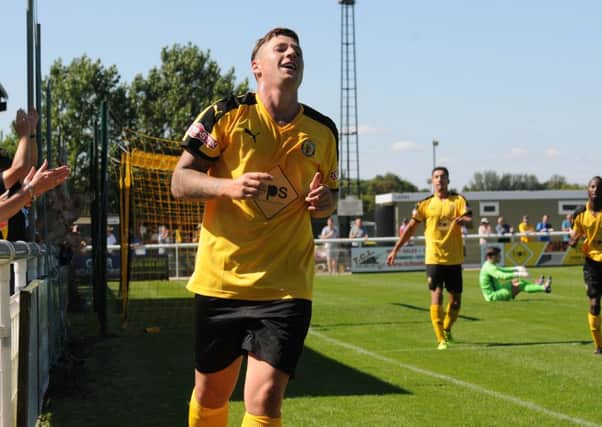 Ryan Rowe celebrates his second against Cirencester. Picture: Morris Troughton