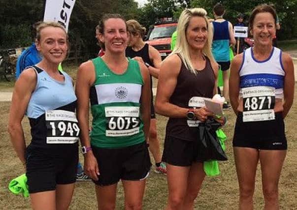 The first four ladies home in the Draycote 10k, including Laura Pettifer (6075) and Susie Tawney (4871).