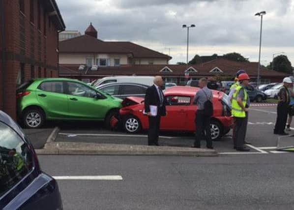 The aftermath of the crash at Warwick Hospital on Tuesday afternoon.