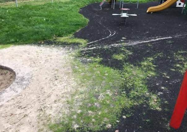 Weeds seen growing through the playground surface at Guy Road Park in Kenilworth