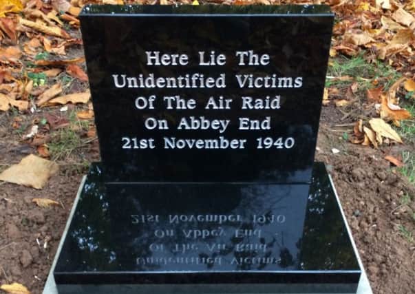 The gravestone commemorating the lost souls of the Abbey End landmine explosion in Oaks Road Cemetery