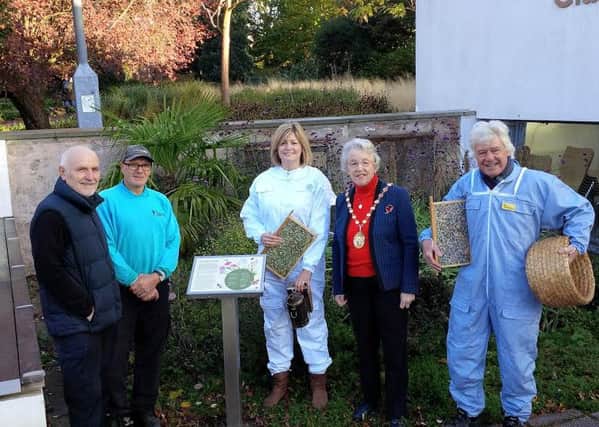 Pictured in Jephson Gardens: green space development officer Jon Holmes, head gardener Dave Partridge (head gardener,  Colleen Abell of Warwick and Leamington Beekeepers, district council chairman Jane Knight and Mike Townsend of Warwick and Leamington Beekeepers. NNL-161114-122715001
