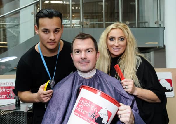 Furniture Crafts Course Leader Jamie Ward had his head shaved earlier today, for charity, raising funds for Chilldren with Cancer UK.
pictured: Nikki Brain, Jamie Ward & James Ip. NNL-160911-005738009
