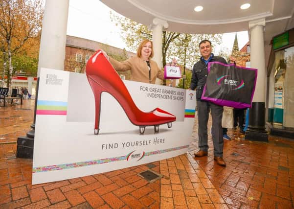Cllr Heather Timms and Aftab Gaffar of Rugby First show off the adventurous new look for Rugby town centre.