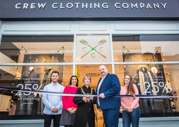Coby and Donna from Crew Clothing Company, Leamington Mayor Cllr Ann Morrison, Gerry McManus ( Royal Priors Centre Manager) and  Danielle from Crew Clothing Company.