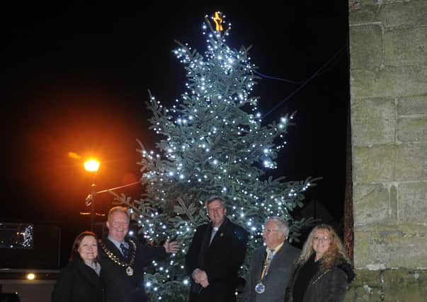 The Whitnash Tree of Light Switch-On. Switching on the lights were Mayor and Mayoress cllr. Simon Button and his wife Kate, Rev Richard Suffern, Leamington Rotary Club Chairman Barry Andrews and Myton Hospice fund raiser Team Leader Rachel Stevens. MHLC-19-11-16 Tree of Light Whitnash NNL-161119-220910009