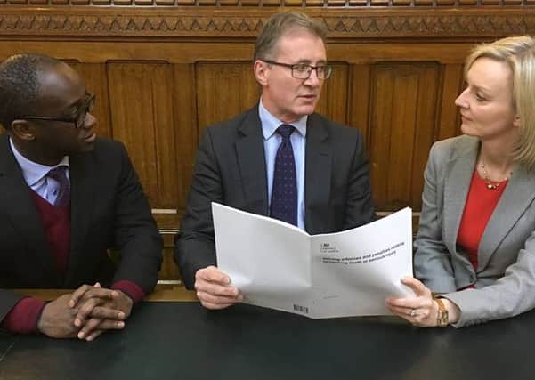 Mark Pawsey MP (centre) discussed the proposals for tougher sentences for dangerous drivers with the Secretary of State for Justice, the Rt. Hon. Elizabeth Truss MP (right) and Parliamentary Under Secretary of State for Prisons and Probation, Sam Gyimah MP (left)
