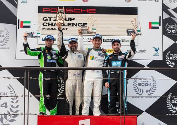 Tom Oliphant, far left, on the podium in Dubai. Picture: Porsche Middle East