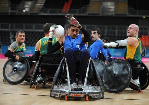 Mandip Sehmi scores the winning try to beat Australia in extra time  during the London 2012 wheelchair rugby test event.