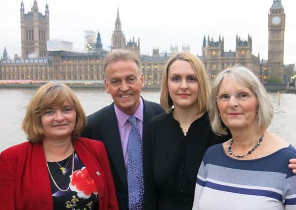 Brain Tumour Research chief executive Sue Farrington-Smith CEO, Peter Realf, Maria Lester and Liz Realf outside the House of Commons after they had given evidence to the inquiry earlier last year. Photo: Brain Tumour Research. NNL-161223-140758001