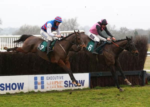 Paddy The Oscar leads Muckle Roe over the last in the Local Parking Security Handicap Chase, while below, Gino Trail and Buveur DAir (nearest) clear the last in the Local Parking Security Novices Chase.