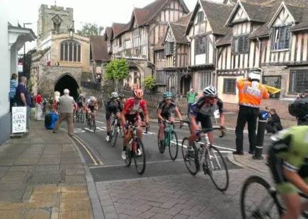 Riders racing through Warwick during Stage 2 of the Aviva Women's Tour last year