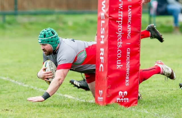 Adam Bond goes over for Rugby Welsh against Copsewood