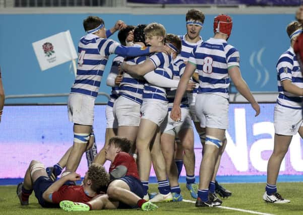 Warwick celebrate a try. Picture: schoolsportsphotography.co.uk