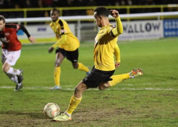 Rob Thomspn-Brown fired home Brakes' third against Kettering Town. Picture: Tim Nunan