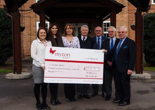 Myton team (L-R): Sarah Stallard, (Community & Events Fund Raising Manager)
Holly Kerrigan  (Head of Marketing and Communications) and
Kathryn Metcalfe  (Lottery and Community Fund Raising Support Officer)
Rotary team (L-R): Michael Dorr, Barry Frith, Mike Wilkinson and Barry Andrews (President).