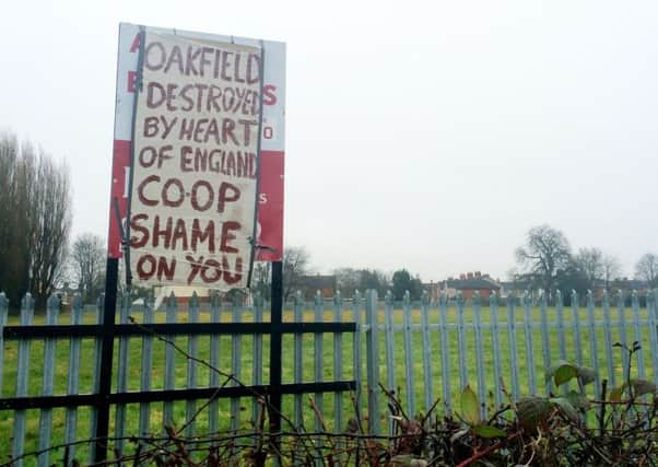 The protests have continued at Oakfield Rec - though this protest banner and the Co-op agents official sign it was placed over, were blown down by Storm Doris. NNL-170315-094014001