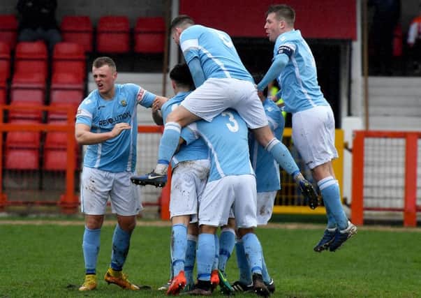 Rugby celebrate their first goal at Witton Albion   PICTURES BY MARTIN PULLEY