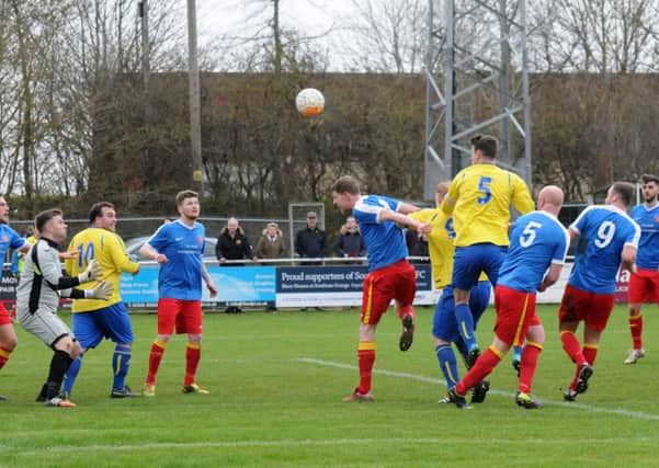 Ben Nicholson's header gave Southam their first goal in 19 hours but there was a bit of fortune about the award. Pictures: Morris Troughton