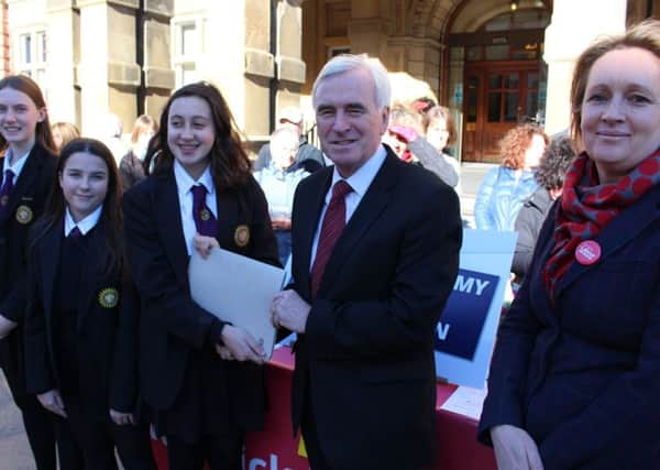 Trinity School students: Erin Green, Jodie McCarthy and Ciara Wilson. With John McDonnell MP, Helen Adkins (Labours candidate for Warwick North Division) and John McDonnell MP.