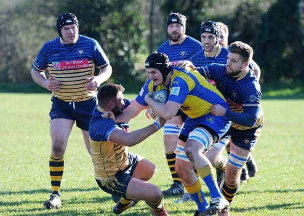 Nick Gerber shows grit and determination under pressure from Worcester tacklers. Picture: Morris Troughton
