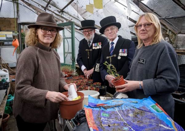 Pictured: Heidi Meyer, Master at the Lord Leycester Hospital, two of the brothers and Sandra Jebb, head gardener at the Lord Leycester Hospital gardens. NNL-170329-095832009
