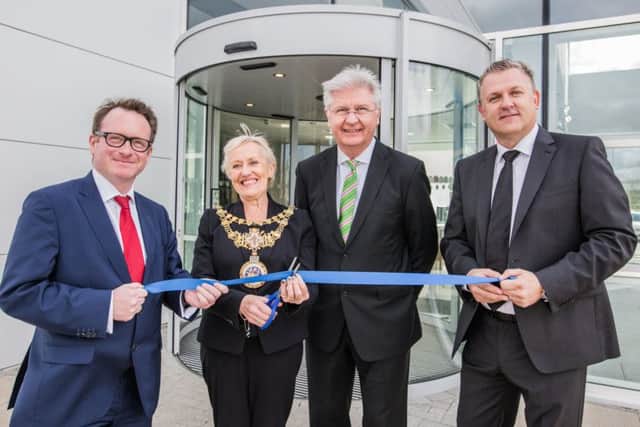 L-R: Chris White, MP for Leamington and Warwick, Warwick Mayor Christine Cross, Karl Spachmann, Head of Geberit Group Division Sales Europe and Mark Larden MD of Geberit UK.