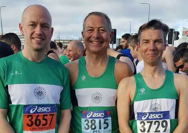Lee Harrison, Neil Sheward and Martin Dorrill at the Manchester Marathon.