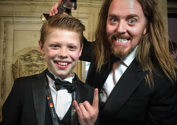 Princethorpe College pupil Toby Lee with fellow Olivier Award winner Tim Minchin. Photo by Terry Lee NNL-171004-170926001
