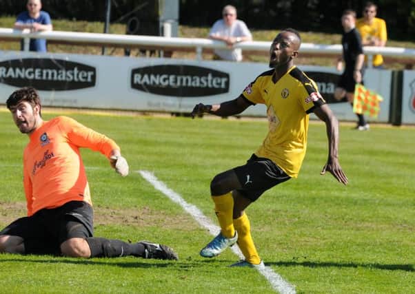 Ahmed Obeng shows his disappointment after being denied by Kings Langley Xavi Comas. Picture: Morris Troughton