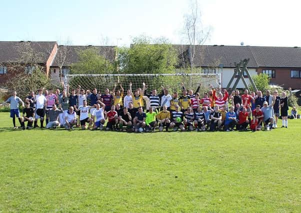 Footballers gathered before the five-a-side tournament at the fundraising day in Radford Semele on Saturday.