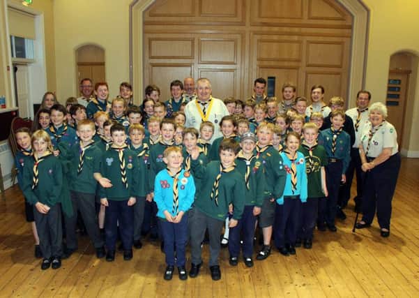 Steve Sanday (centre) with many of the youngsters and leaders who came to see him receive the Silver Acorn award