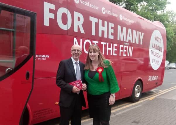 Warwicka nd leamington parliamentary candidate Matt Western greets Labour's Shadow Education Secretary Angela Reynar after she arrived in Leamington aboard the party's 'Battle Bus'.