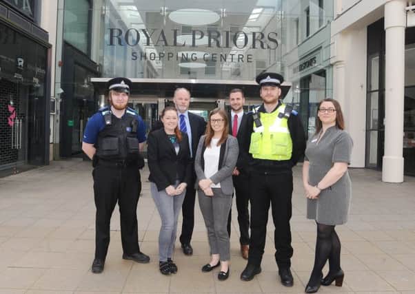 Left to right: PCSO Alex Young, Stephanie Kerr, Les Watkins, Sarah Jones (operations manager at Royal Priors Shopping Centre and Regent Court), Luke Beardmore (food commercial manager at Marks and Spencer), PCSO Jamie Cortez and Natasha Grant (home commercial manager at Marks and Spencer)