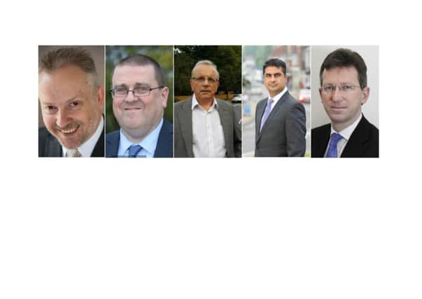 From left: Rob Ballantyne (Greens), Harry Cottam (UKIP), Richard Dickson (Lib Dems), Bally Singh (Labour), Jeremy Wright (Conservatives)