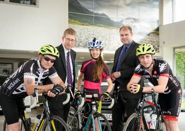 Pictured at Murley Hyundai Warwick, Trevor Gibbs and other cyclists who are taking part in a charity cycle ride from Leamington to Weston-Supe-Mare.

Pictured: Trevor Gibbs, Roger Smith (Chief Accountant - Murley Hyundai, Warwick), Frankie Gibbs, Justin Hamilton (Managing Director - Murley Hyundai Warwick) & Ryan Smith, NNL-170530-231617009