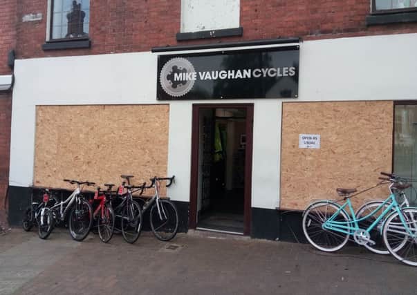 The front of Mike Vaughan Cycles after the burglary