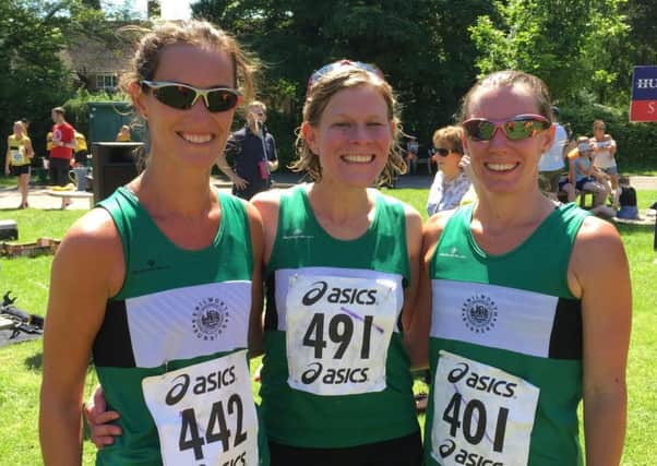 Kenilworth Runners'  Pam Grimwade(fifth lady), Sarah Rose and Laura Pettifer after the Arden 9. Picture submitted