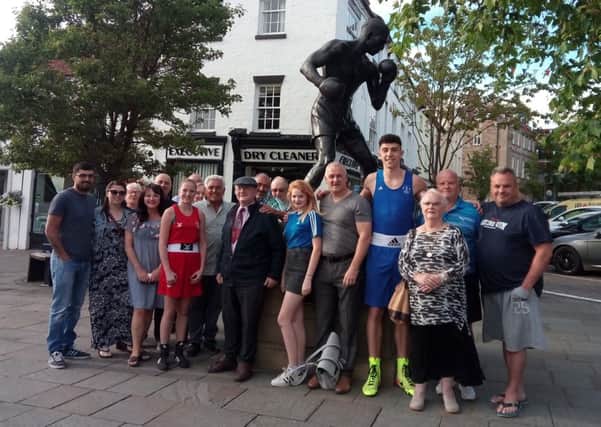 Peter Lowe and Adrian Bush were joined at the unveiling by members of Peters family, Adrians daughter Ruby, Keith Turpin (Dick Turpins son), Clearys boxers Morgan Ansell and Lewis Williams and former powerlifter Tony Baker, who is among those named on the new plaque.