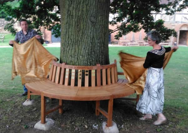 The new bench unveiled by Leamington College student Matt Brown (left) and current Kenilworth mayor Cllr Kate Dickson