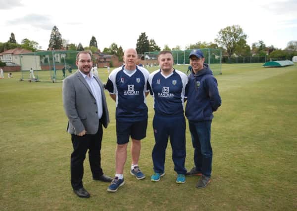 Caption: Grant Thoday (left) with director of cricket Neil Smith of Warwickshire and England, head of youth cricket Mark Davison and Kevin Mitchell, club chairman.